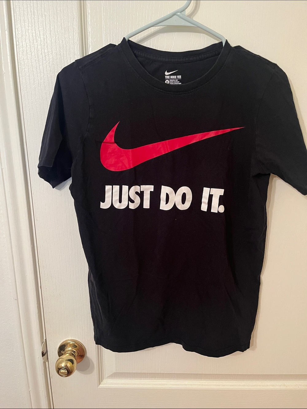 Nike Black Short Sleeve Tee with Red Swoosh and White Text